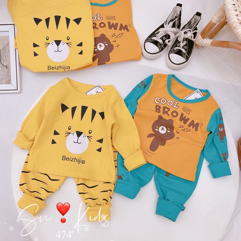 Bộ dài tay chất cotton phiên bản gấu nâu hổ vàng cực yêu thu đông bé tra bé gái Unchi Store (V502)