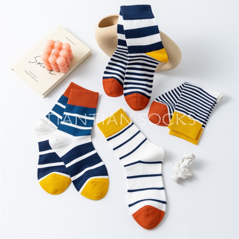 TIANTIAN T226 Vớ Cotton Dày Cổ Cao Họa Tiết Kẻ Sọc Phong Cách Thể Thao Đường Phố Hàn Quốc Thời Trang Cho Nữ