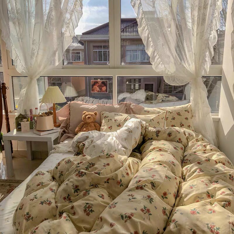 Chăn Ga Gối Cotton Living Hàn Quốc Phối Nơ "CHÙM MAI VÀNG" 4 món