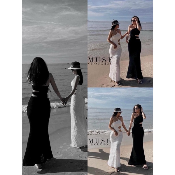 Đầm Maxxi Yếm 1 Bên Khoét Khoen Eo Gân Xương Cá