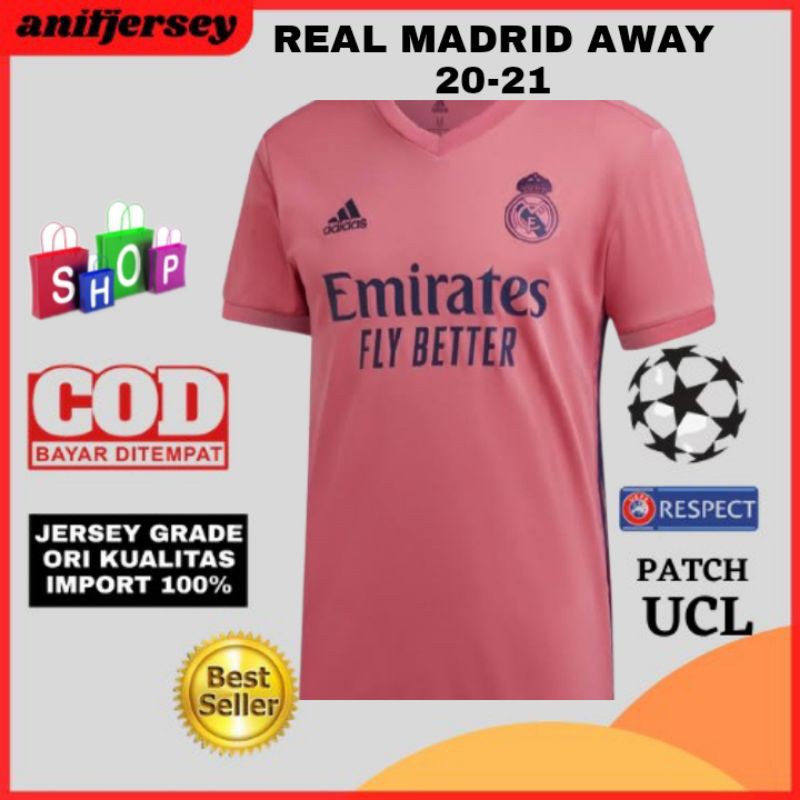 Áo Thun Đá Banh Real Madrid Away 2020 / 2021 Màu Hồng