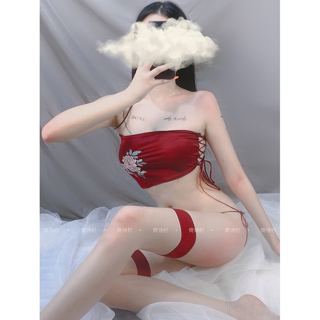 Set đồ ngủ Sexy áo yêm thêu hoa và quần lọt khe gợi tình | BigBuy360 - bigbuy360.vn