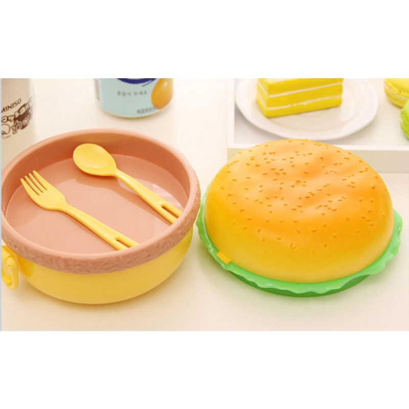 Hộp cơm hai tầng thiết kế bánh hamburger có muỗng nĩa dễ thương tiện lợi