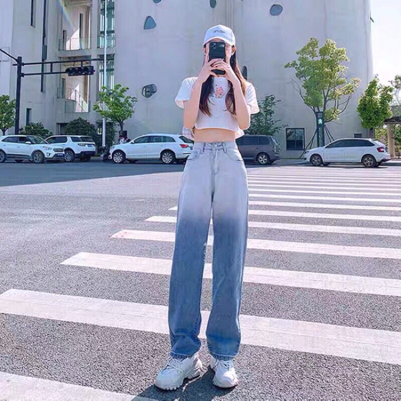 Quần jean bò ống rộng suông xuông nữ jeans cạp cao phong cách Hàn Quốc sành điệu style năm 2021