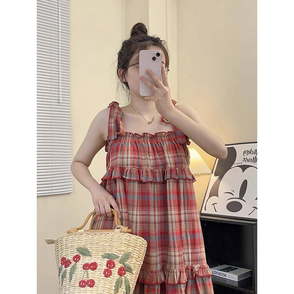 : Váy kẻ 2 dây buộc nơ vai dáng babydoll rộng 3 tầng bèo siêu xinhhh