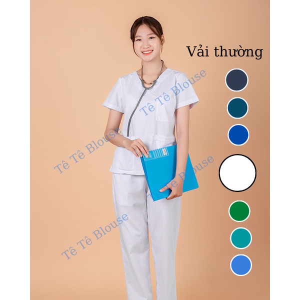 Bộ SCRUBS cổ tim phòng mổ, đồng phục phẫu thuật, Spa, phòng khám, Bác Sĩ, màu TRẮNG, chất vải LON mỏng và Thun co giãn