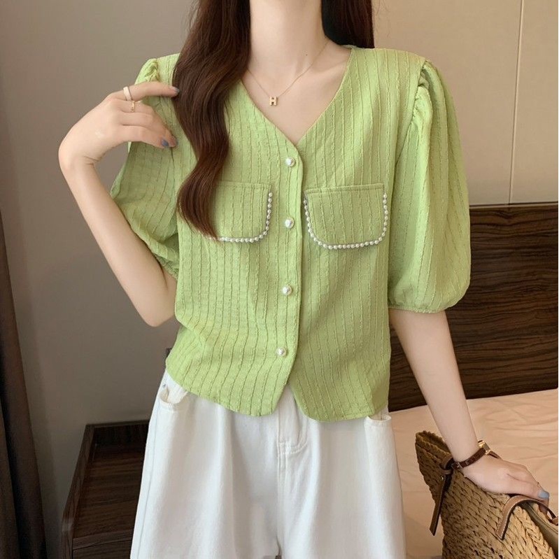 Áo Sơ Mi Ngắn Tay Cổ Chữ V Đính Ngọc Trai Thời Trang Mùa Hè Mới