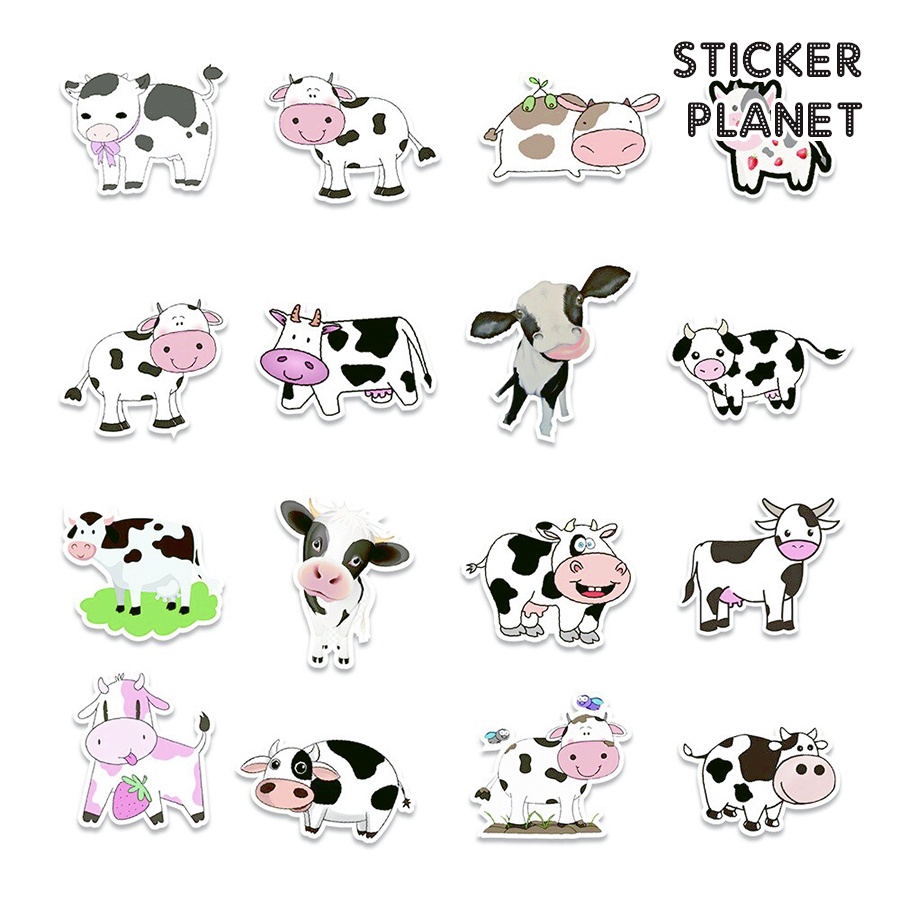 Bộ sticker chống thấm nước trang trí mũ bảo hiểm, đàn, guitar, ukulele, điện thoại laptop chủ đề con bò sữa