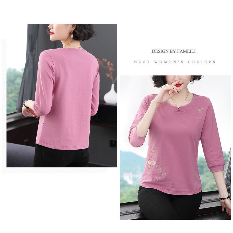 Áo thun tay dài thêu hoa thời trang cho phụ nữ trung niên