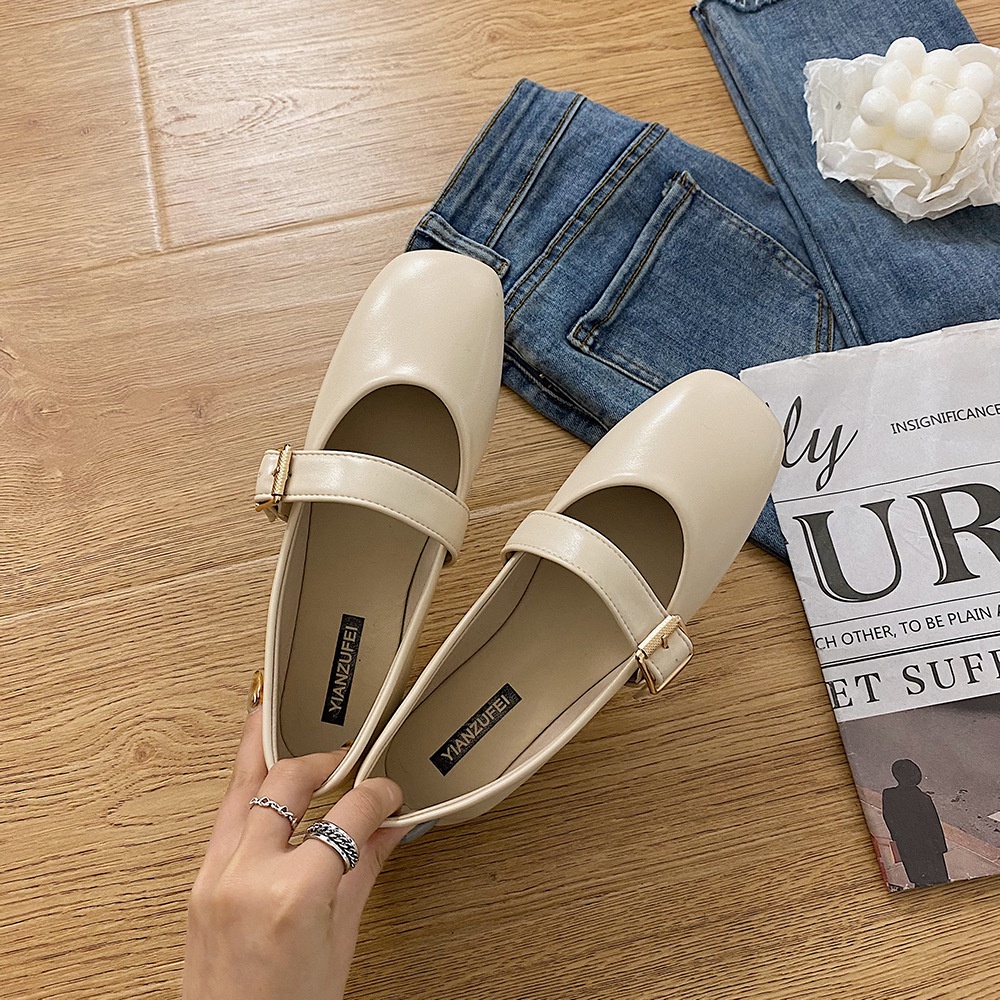 Giày búp bê da mềm nữ gót giả vân gỗ mũi vuông khóa vuông phong cách Hàn Quốc vintage xinh xắn - Mã GB44