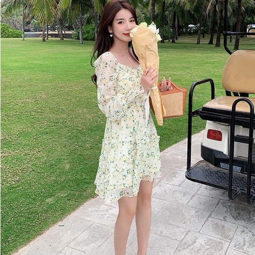 Hàng Mới Về Đầm Chữ a Tay Dài Phồng Cổ Vuông In Họa Tiết Hoa Thời Trang Dành Cho Nữ