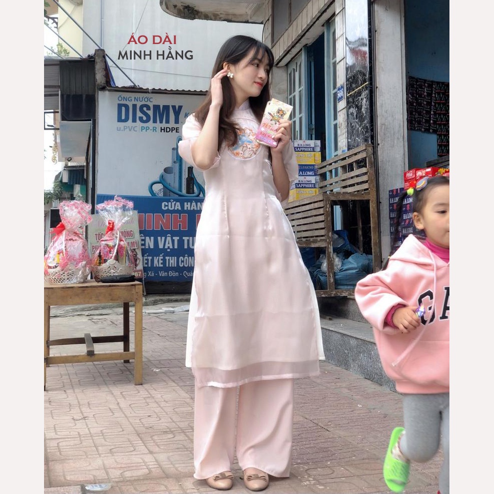 Set áo dài cách tân nữ 2022 thêu tay nhẹ nhàng_Áo Dài Minh Hằng