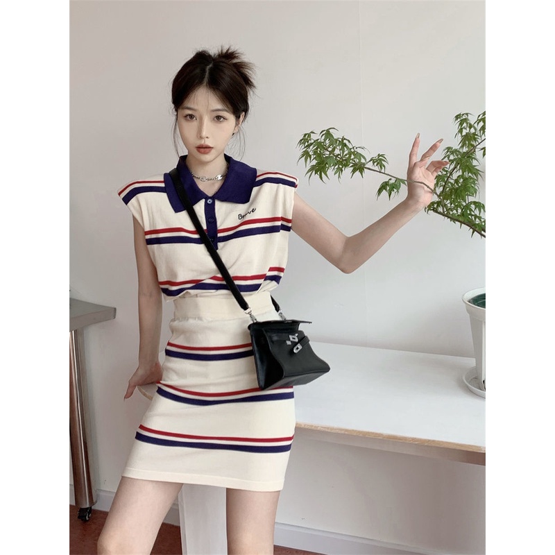 Bộ Áo Thun Dệt Kim Không Tay Kẻ Sọc + Chân Váy Lưng Cao Xinh Xắn Dành Cho Nữ  tao bao