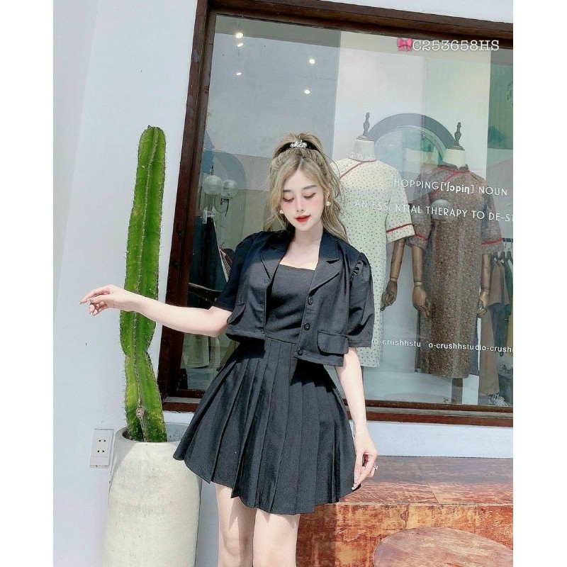 Áo vest+Đầm xếp ly