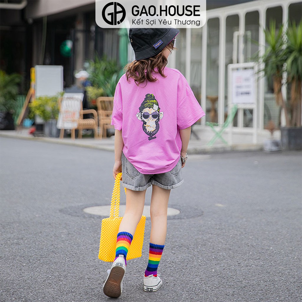 Áo thun bé gái cổ tròn Gạo House tay ngắn họa tiết Chú khỉ ngầu cá tính [T7]