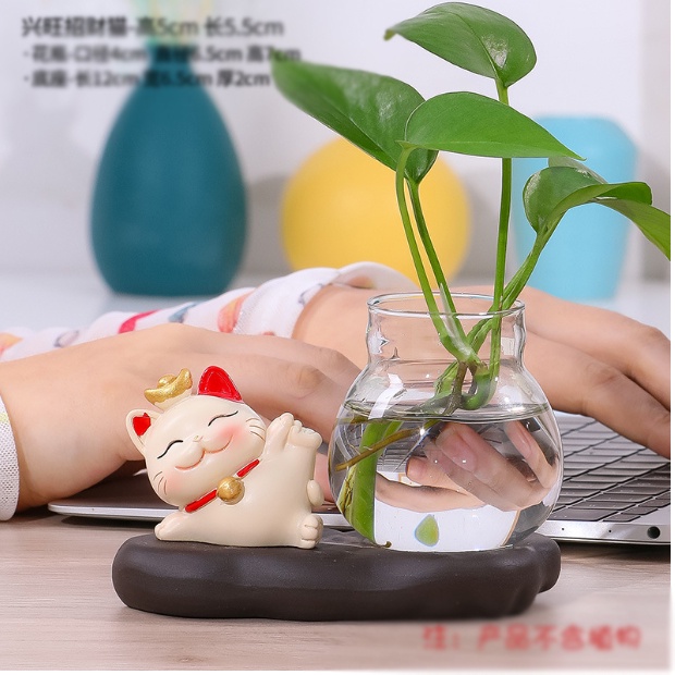 Lọ thủy tinh trồng cây thủy sinh kèm chú mèo may mắn đáng yêu mang lại năng lượng tích cực, gồm bình đế mèo