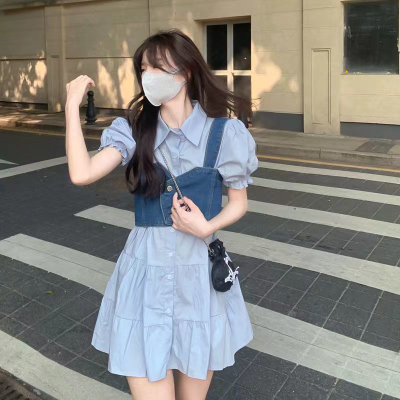Bộ Đầm Denim Tay Ngắn Phồng Cổ Bẻ Thời Trang Mùa Hè Dành Cho Nữ 2022