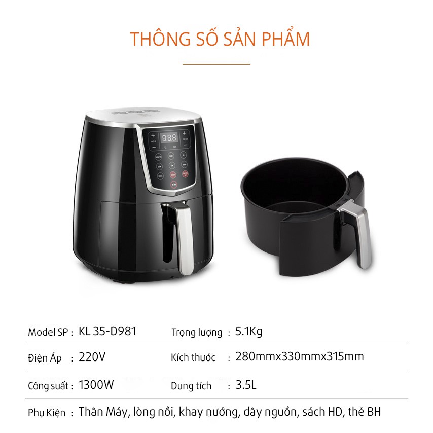 [Mã ELTECHZONE giảm 5% đơn 500K] Nồi chiên không dầu 3.5L Joyoung KL35-D981 sử dụng công nghệ chiên nướng chân không