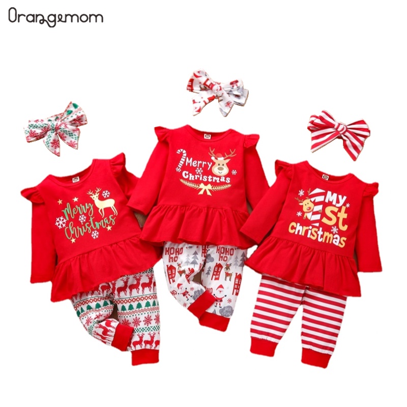 Bộ trang phục ORANGEMOM gồm áo tay dài + quần dài + băng đô cotton phong cách Giáng Sinh dành cho bé gái từ 1-3 tuổi