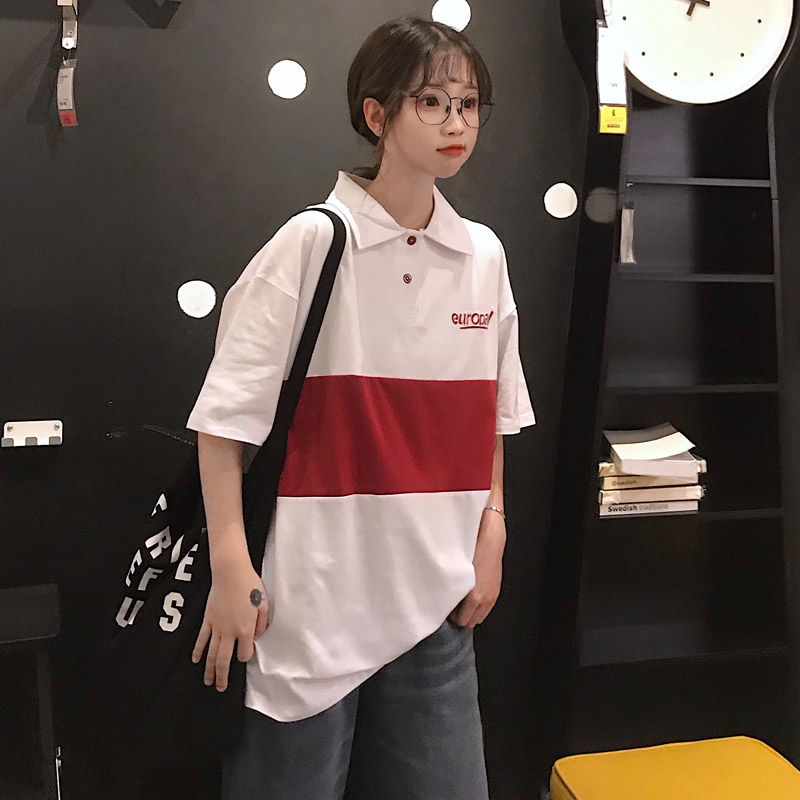 【Miss Sumey】Áo thun Polo dáng rộng ngắn tay in chữ phong cách Hàn Quốc