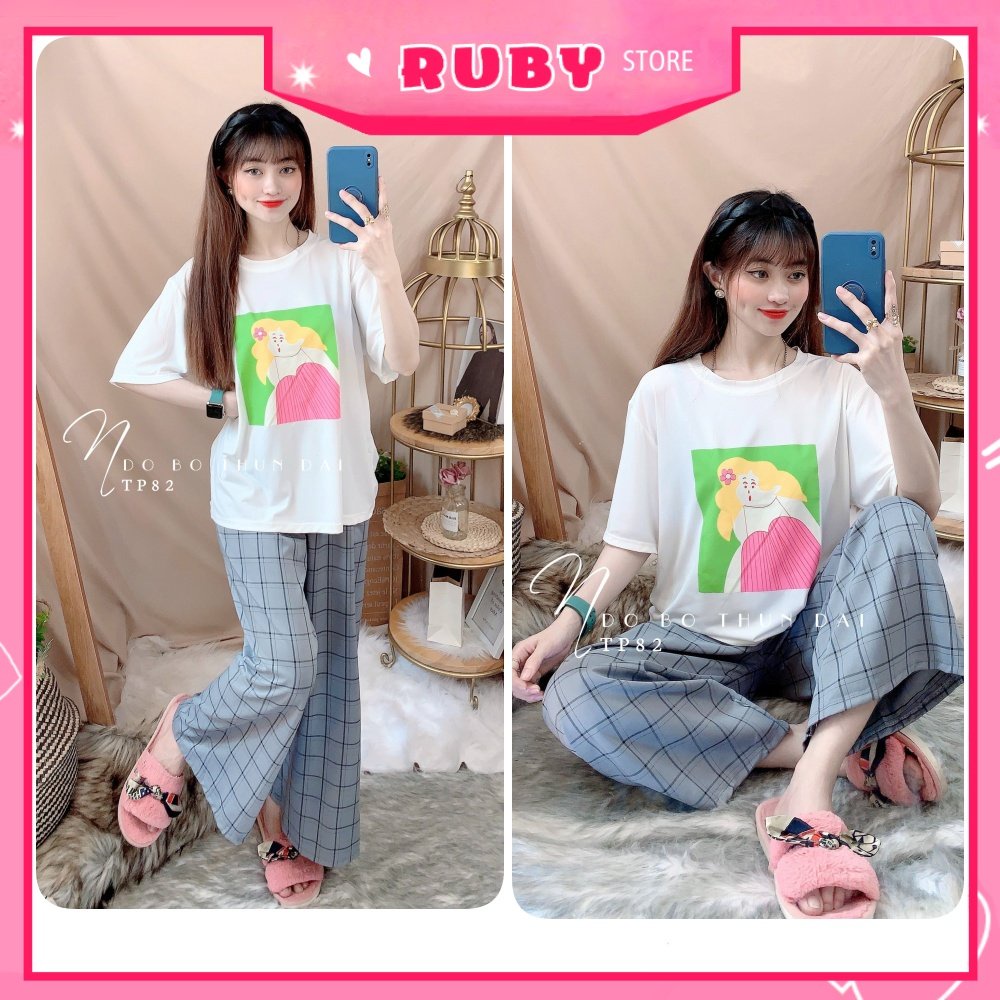 Đồ bộ ống rộng phối sọc kẻ cho nữ chất vải mềm mát lưng thun co giãn in họa tiết hoạt hình dễ thương TP82