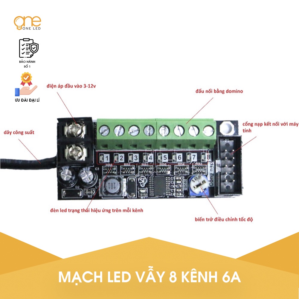 Mạch điều khiển Led Vẫy 8 kênh công suất 6A, Mạch điều khiển Led Liền Dây, Led Đúc OneLED V4.4
