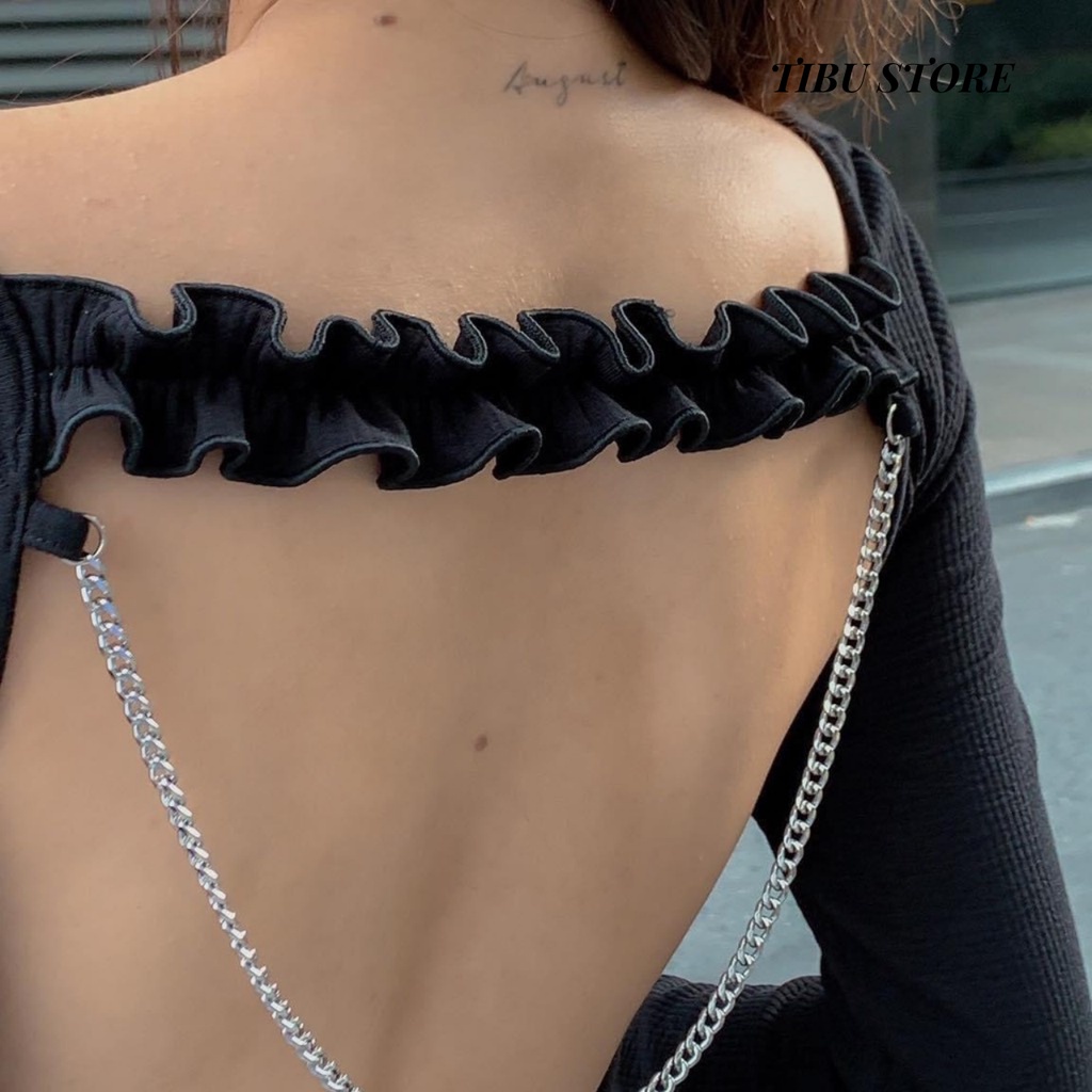 Đầm body nữ đen hở lưng tay dài TiBu, váy ôm dáng sexy cổ thuyền phối lưng dây xoắn mặc đi chơi, dự tiệc