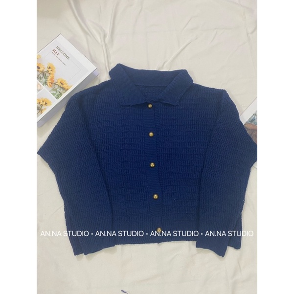 Áo len khuy đồng dài tay dáng rộng cổ polo
