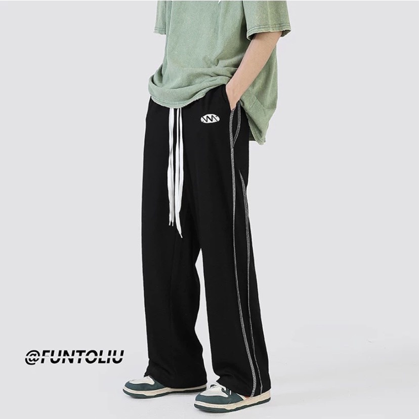 Quần thể thao nam nữ dáng  suông 2 sọc bé-quân ống rộng unisex vải umi dày dặn
