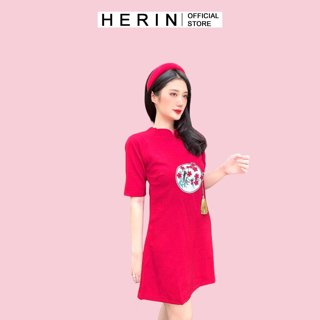 [Vải xịn] Đầm tết màu đỏ thêu hoa đào cực dễ thương vải mịn dày dặn mã [TẾT ĐÀO