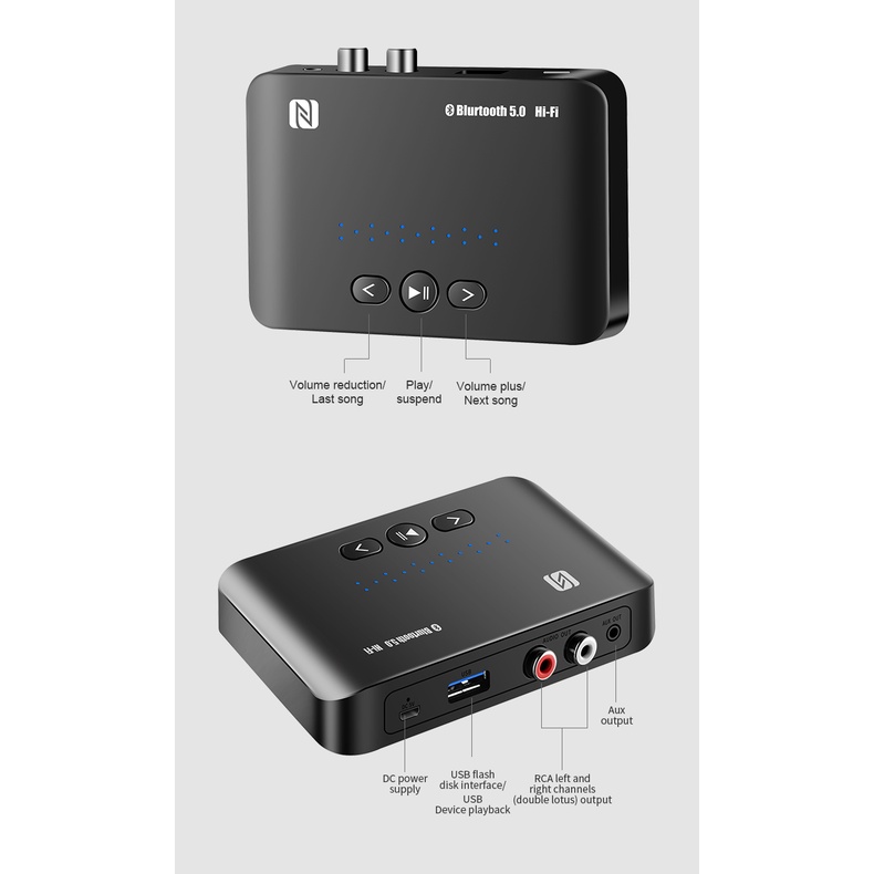 Bộ Thu Tín Hiệu Bluetooth 5.0 NFC 3.5mm AUX Không Dây Dài 15m + Điều Khiển Từ Xa Cho Loa Xe Hơi