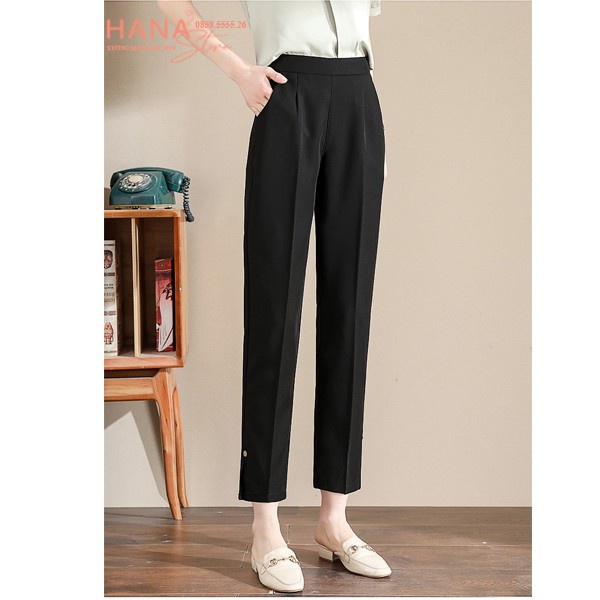 Quần tây dáng baggy công sở nữ dài khóa sườn xẻ ống gấu - Quần vải công sở dày mềm cạp lưng cao trên rốn mặc đi làm học