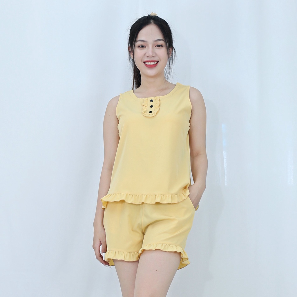 [HÌNH THẬT 100%]  Bộ đồ bộ ngắn  SÁT NÁCH BÈO VÀNG DA NÚT ĐEN  - vải lụa ao cấp  - Mềm mại nhẹ