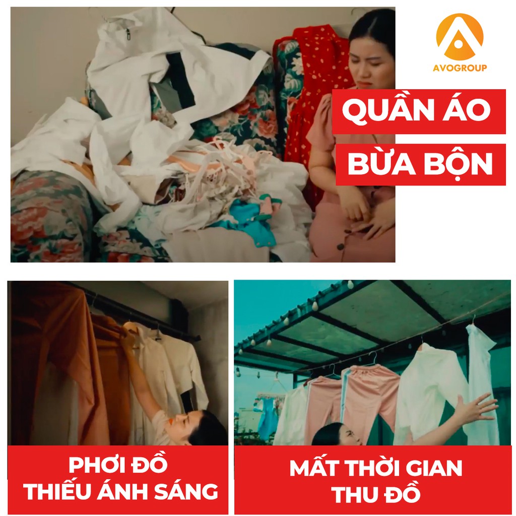 Giàn phơi quần áo AVOHOME loại sào treo đồ thông minh dạng giá phơi gấp gọn có bánh xe, thiết kế kiểu sào inox