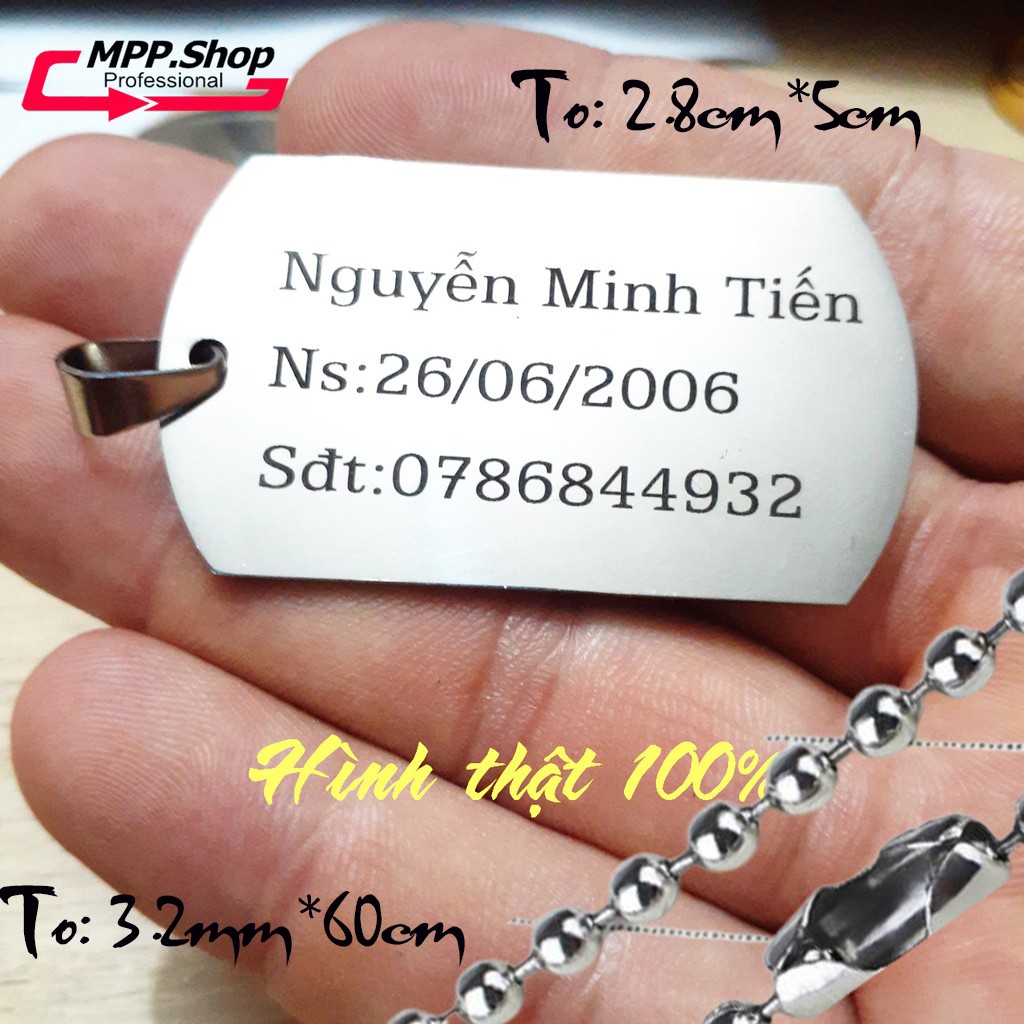 (Tặng Dây) Mặt dây chuyền hình thẻ bài khắc tên theo yêu cầu - tặng dây bi 3.2 mm