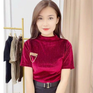Áo thun kiểu nữ, ngắn tay, cổ cao, đính xích ngực