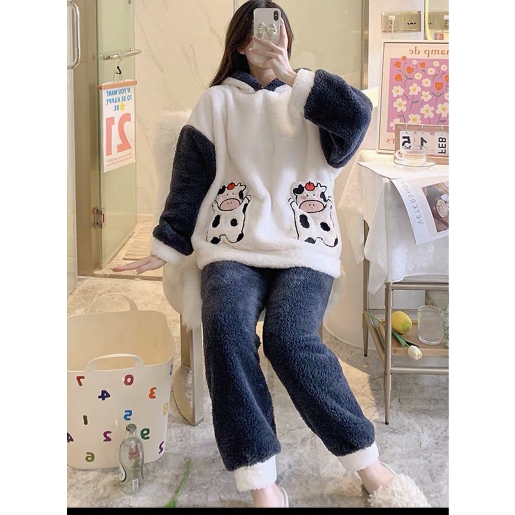 Bộ đồ lông bò sữa phối màu siêu cute mix quần ống suông BN124