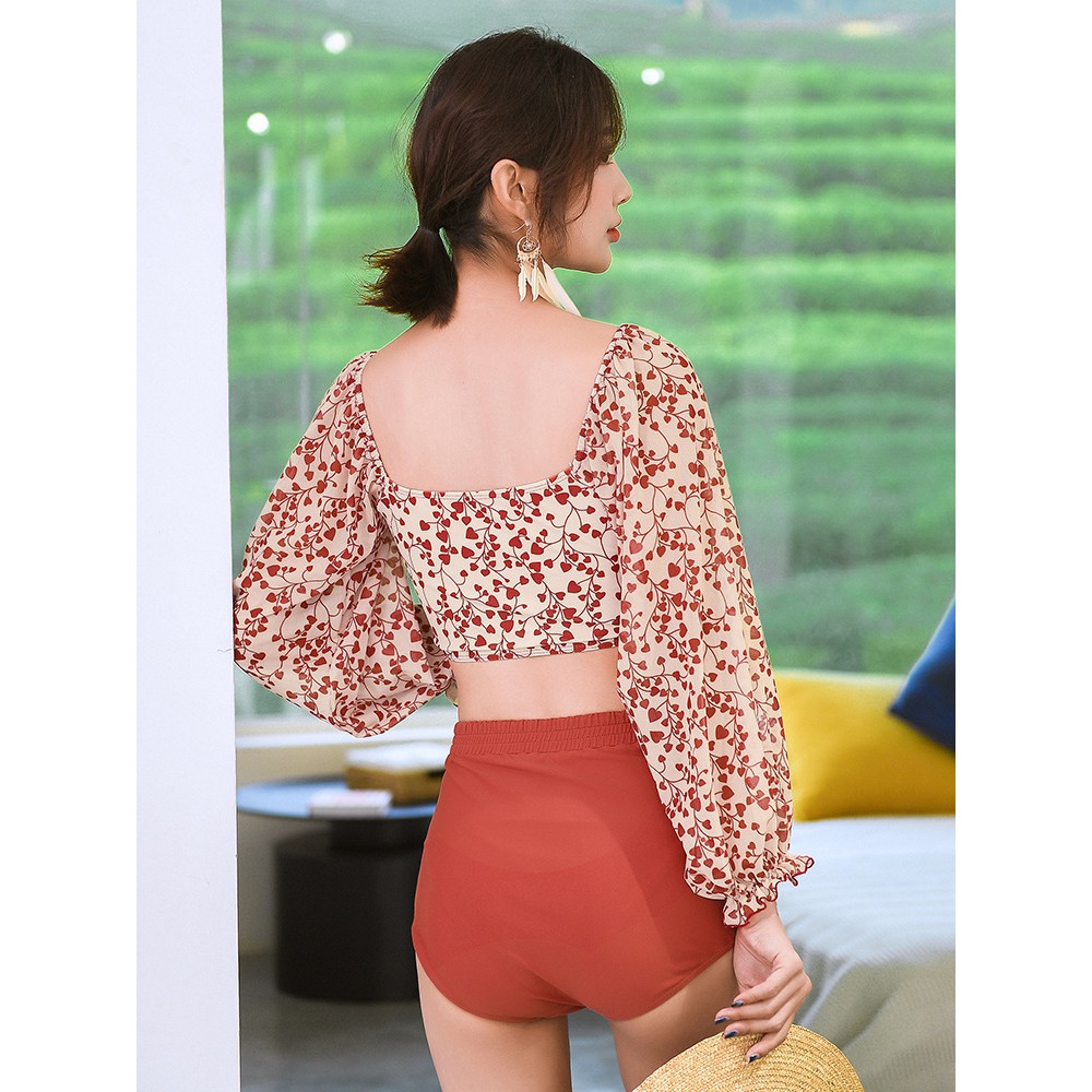 Bộ đồ bơi dài tay lưng cao họa tiết hoa phong cách Hàn quốc | BigBuy360 - bigbuy360.vn