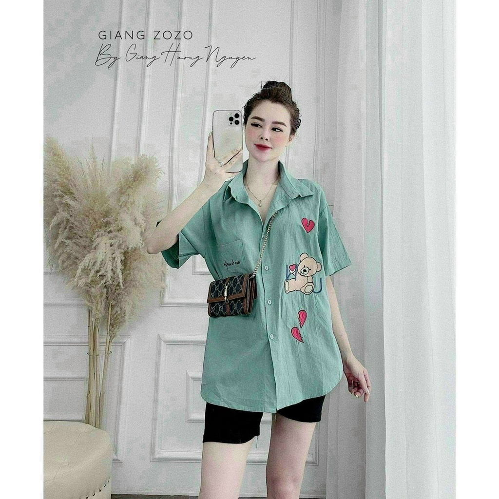 Set áo sơ mi from rộng in hình gấu phối quần legging,set bộ sơ mi tay lỡ thêu gấu tim quần thun ngố đi chơi mặc nhà cute
