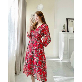 (SALE XẢ HÀNG) ĐẦM MIDI HOA ĐỎ ĐẮP CHÉO - KÈM HÌNH THẬT