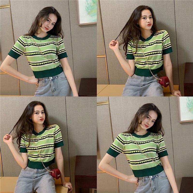 Áo Croptop Dệt Kim Tay Ngắn Cổ Tròn Màu Xanh Bơ Phong Cách Hàn Quốc Thời Trang Cho Nữ