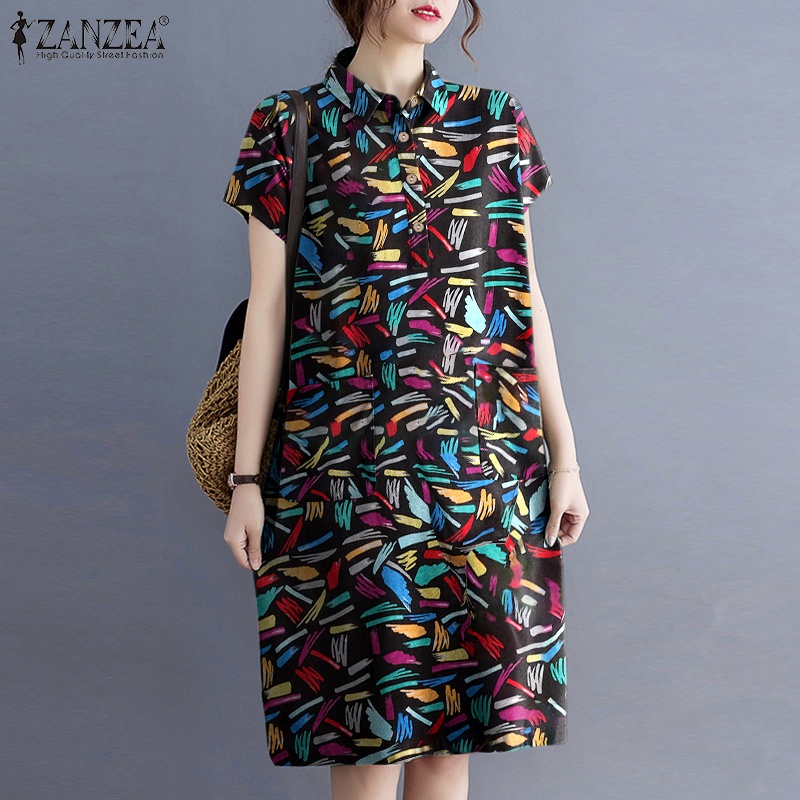 Đầm ngắn Zanzea tay ngắn cổ bẻ có túi trước dáng rộng thời trang dành cho nữ