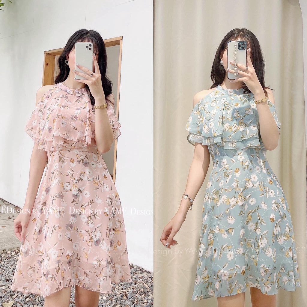 Váy đầm nữ voan hoa nhí khoét vai đi biển đi chơi Lace Dress màu xanh YAME