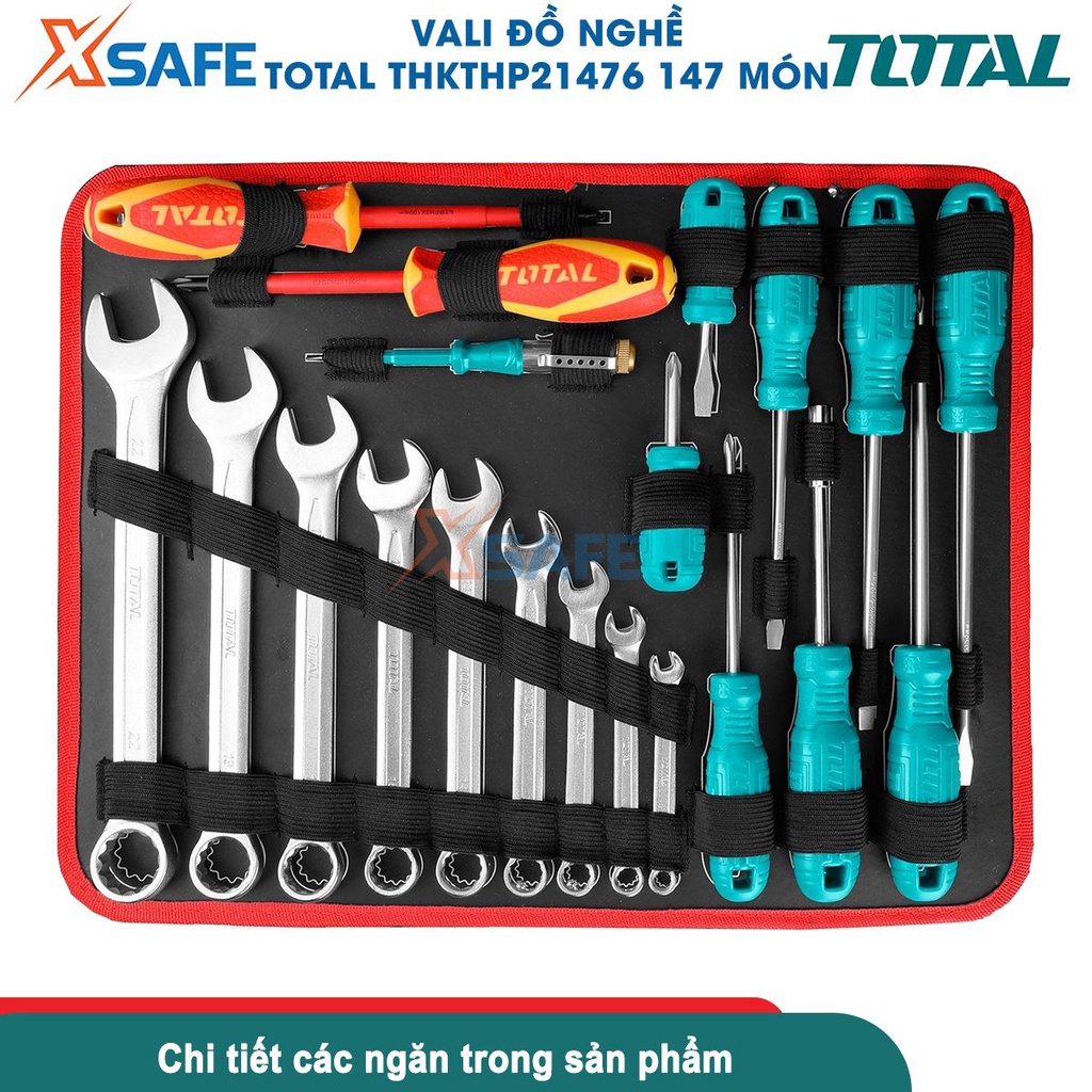 Vali kim loại di động đựng đồ nghề khóa sắt Total THKTHP21476 147 chi tiết, bộ đồ nghề đa năng 4 ngăn đầy đủ - XSAFE