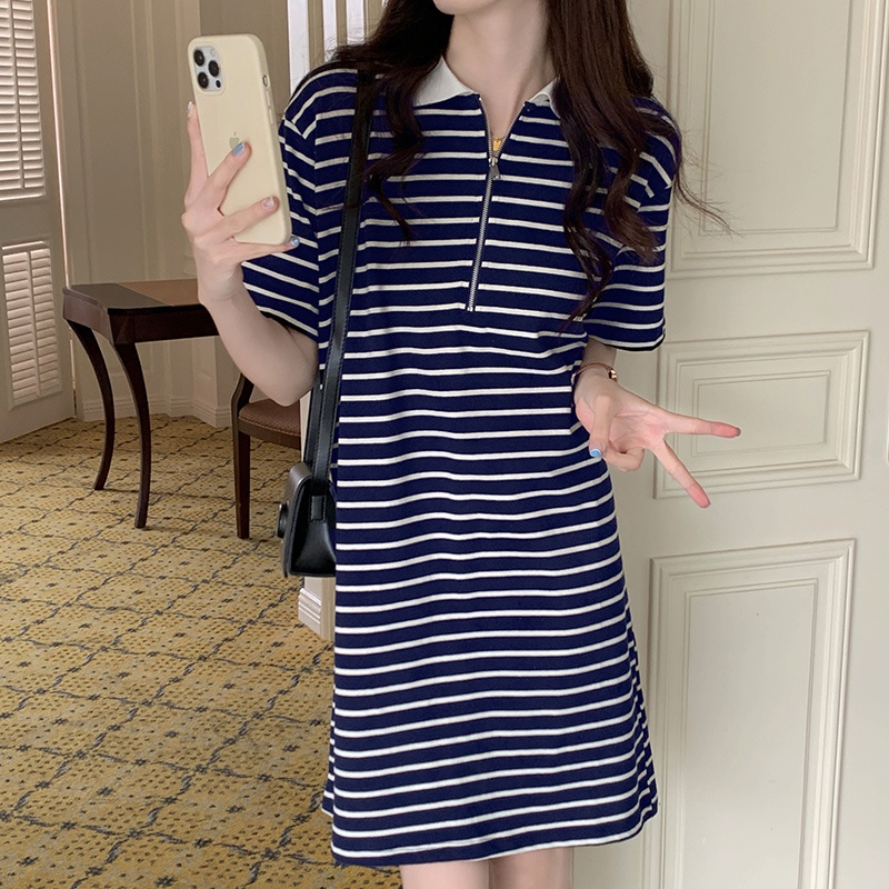 Áo polo Tay Ngắn Dáng Rộng Họa Tiết Kẻ Sọc Đơn Giản Thời Trang Mùa Hè Cho Nữ