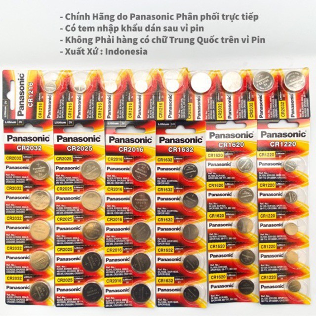 [VỈ 5 VIÊN] Pin Panasonic CR2032,CR2025,CR2016,CR1632,CR1620,CR1616,CR1220,CR1216 Pin 3V Lithium Made in Indonesia