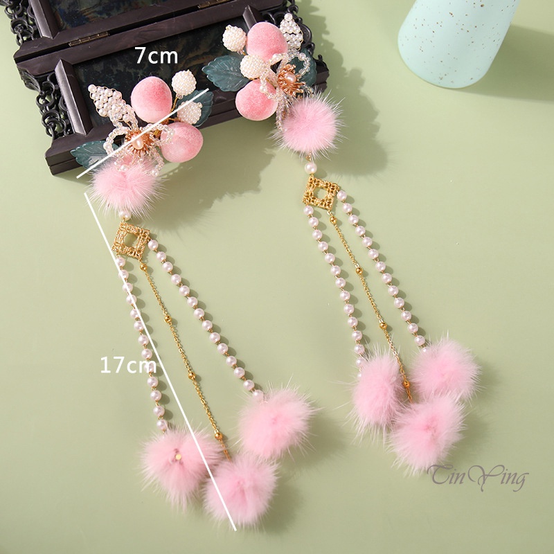 GETNOIVAS Set 2 kẹp tóc đính bóng lông tua rua phong cách Trung Hoa dễ thương cho nữ