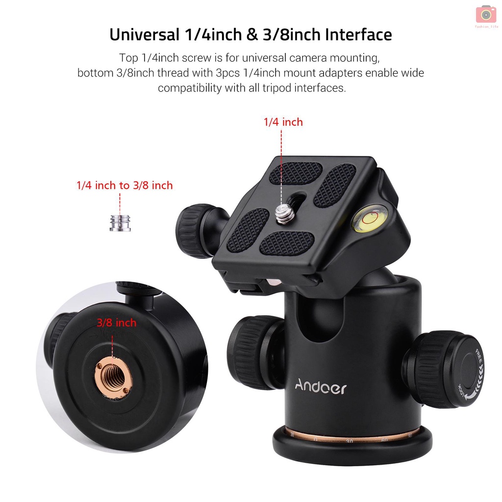 【fash】Andoer Aluminum Camera Panoramic Damper Ball Head Tripod Head 10KG Payload 360° Swivel 90° Flip with Quick Release Plate Scaled Plate Dual Bubble Level Universal 1/4in 3/8in Mounting