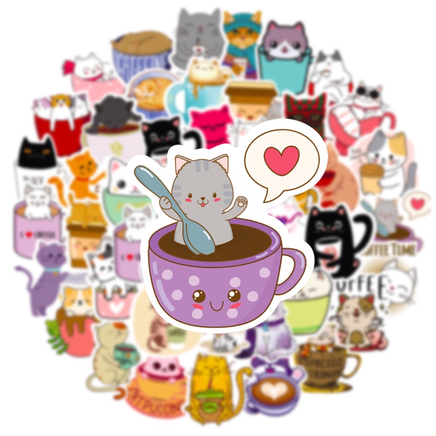 ❉ Mèo &amp; Cà Phê - Loạt Thời Gian Cà Phê 01 Nhãn Dán ❉ Bộ 50 Sticker Chống Thấm Nước Họa Tiết Doodle Hợp Thời Trang