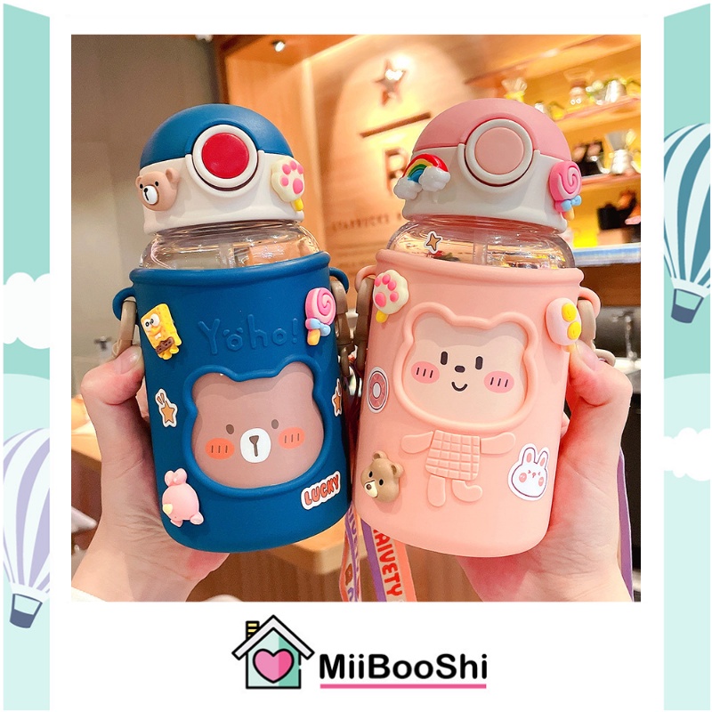 Bình nước cute cho bé có ống hút bằng nhựa hai lớp nắp đậy an toàn dung tích 450ml MiibooShi 55226gfgcf